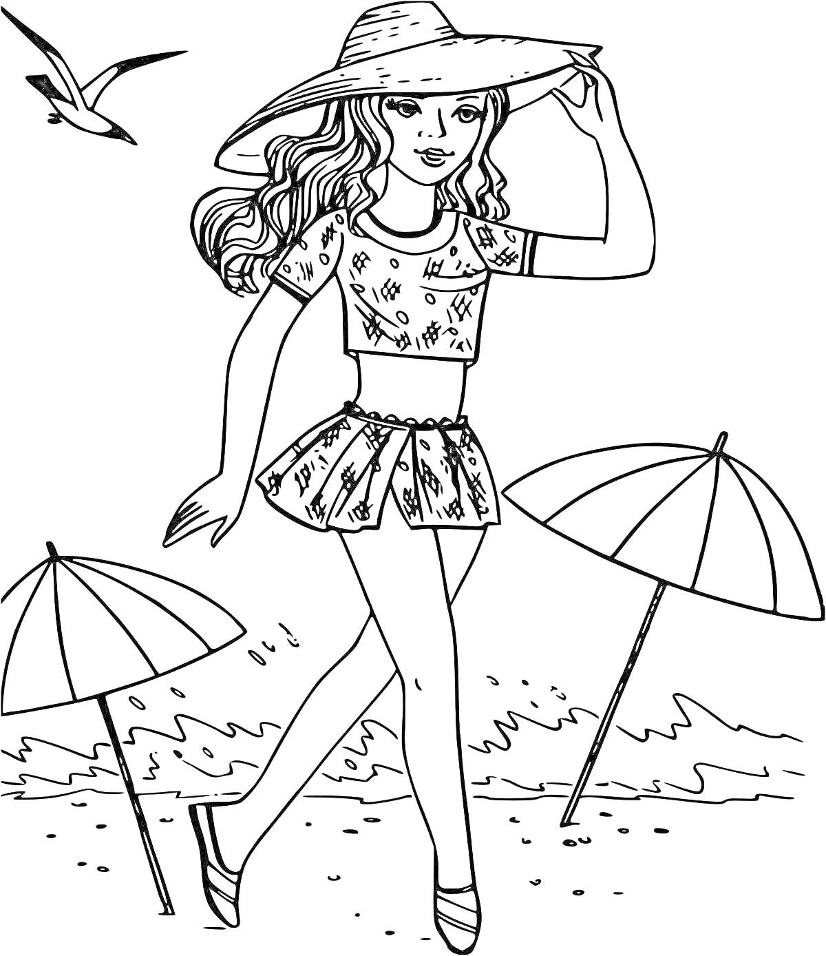 Раскраска Девочка на пляже с двумя зонтиками, птицей и волнами
