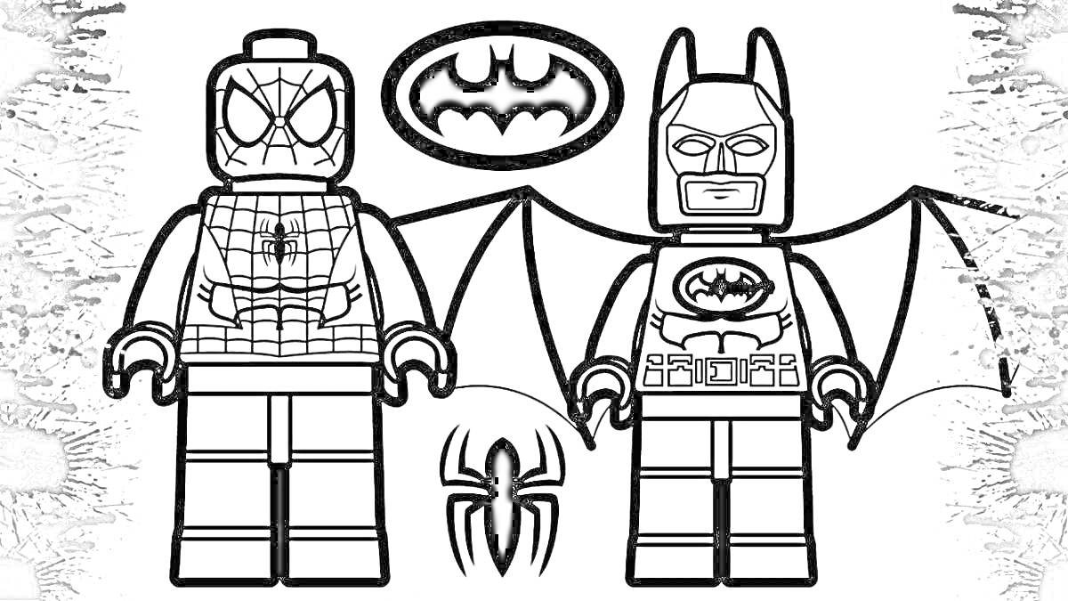 Раскраска Лего фигурки Бэтмена и Человека-Паука с логотипами и пауком