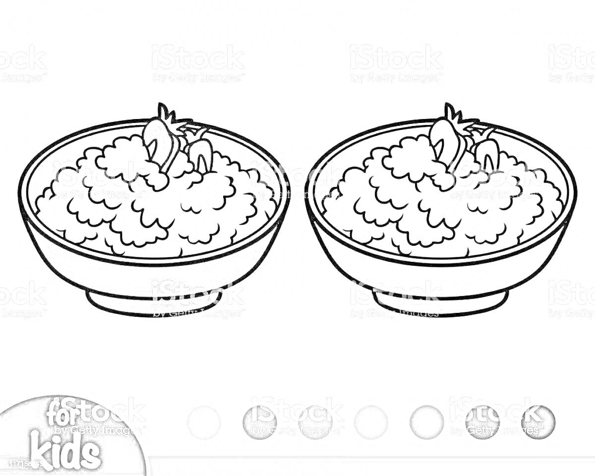 Раскраска Две миски с кашей и ягодами, представленные в виде раскраски для детей