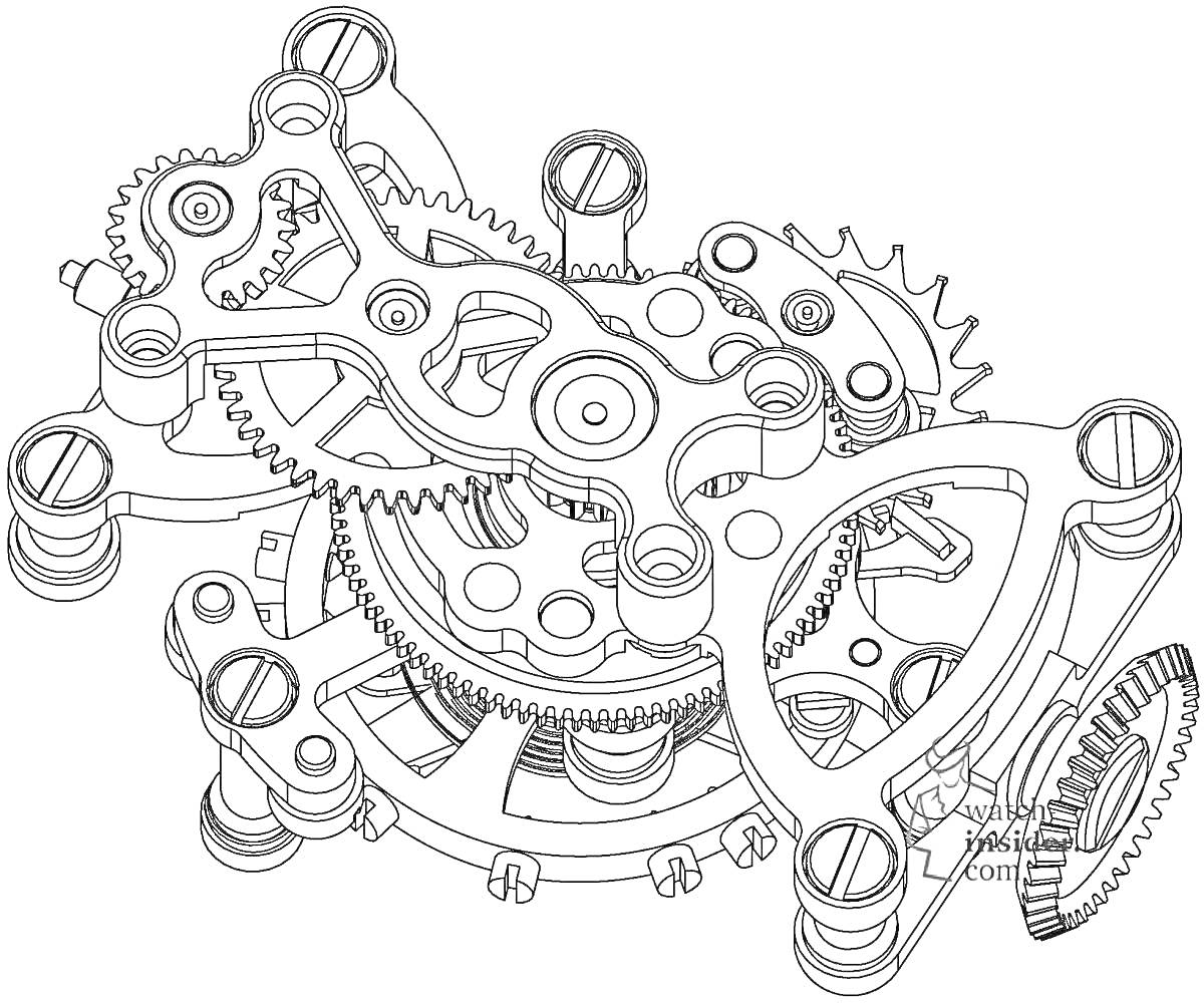 Раскраска Механизм часового механизма с шестернями и винтами