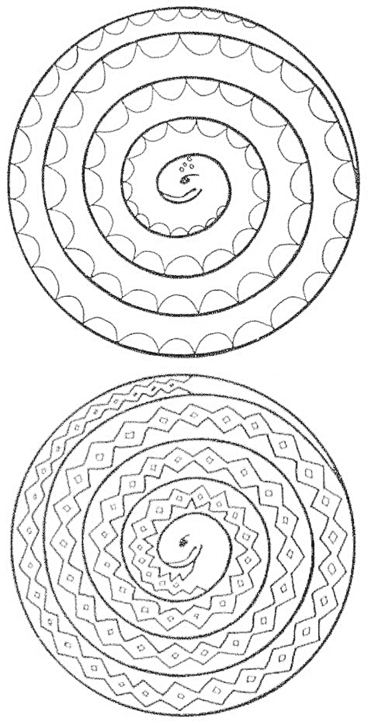 Раскраска две круглые спирали с геометрическими узорами и декоративными элементами