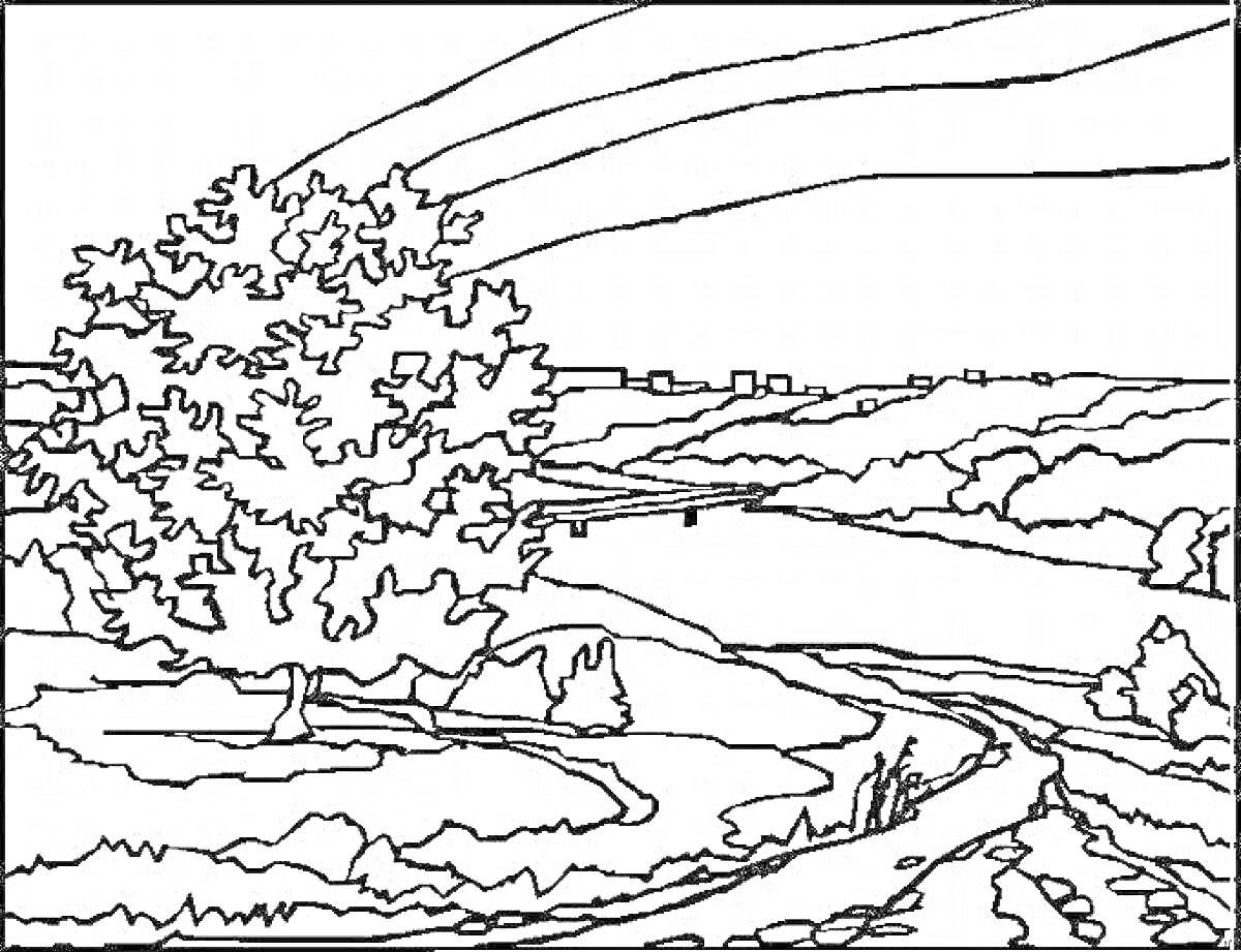 Раскраска Дерево на фоне реки и деревни под облачным небом