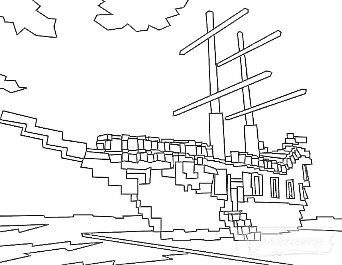 Раскраска Пиксельный корабль с мачтами на воде