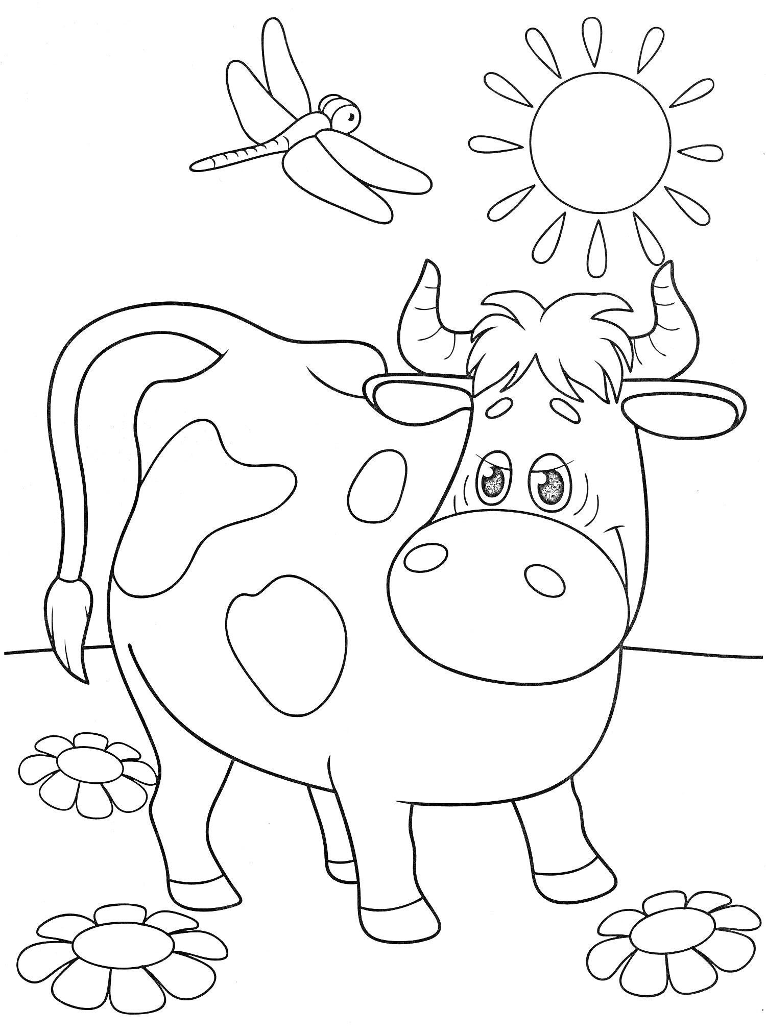 На раскраске изображено: Корова, Луг, Цветы, Солнце, Животные, Природа