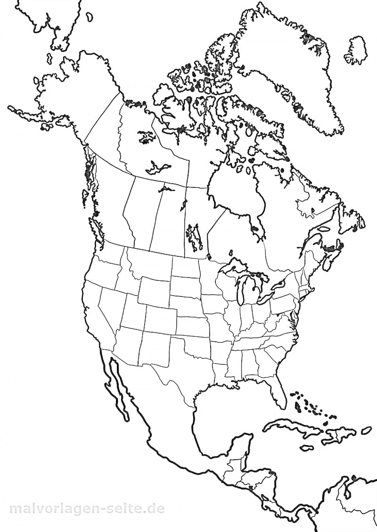 Раскраска Контурная карта Северной Америки с обозначением границ стран и штатов