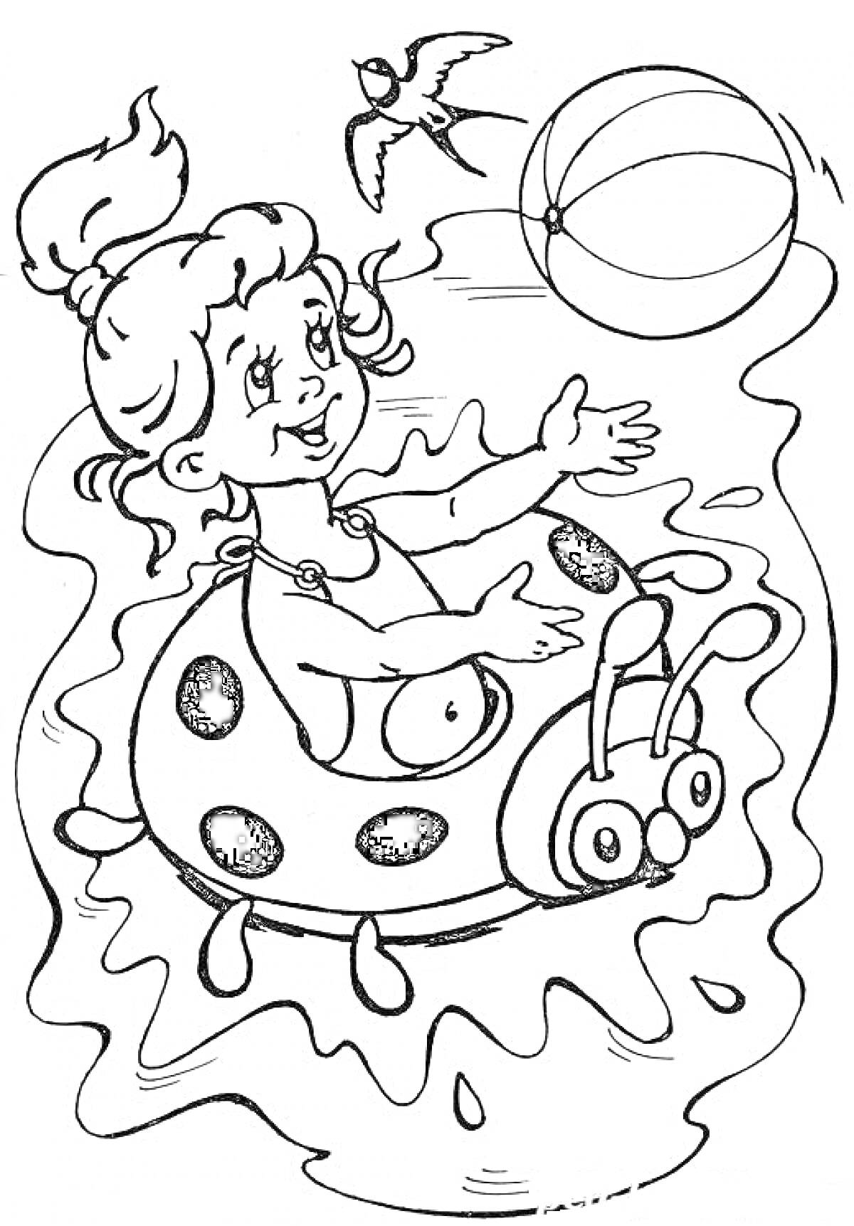 Девочка в надувном круге-божья коровка играет с мячом в воде, птица в небе