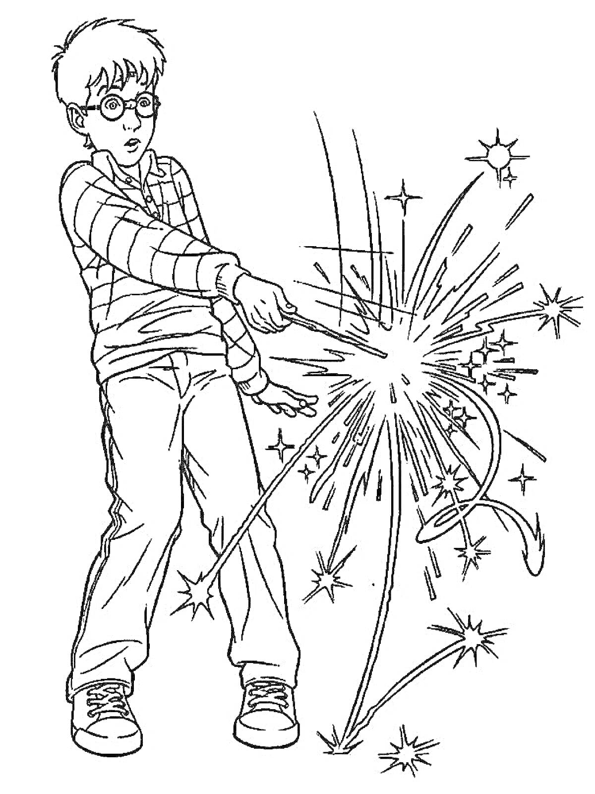 Раскраска Мальчик в очках с волшебной палочкой, создающий магические искры