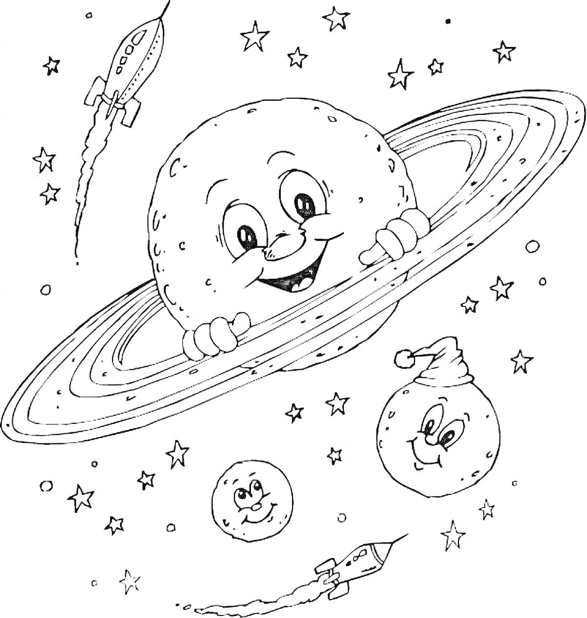На раскраске изображено: Сатурн, Звезды, Спутники, Ракета, Космос