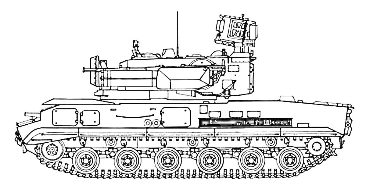 Раскраска Изображение боевой машины с гусеничным ходом, верхний механизм с антеннами и стабилизаторами