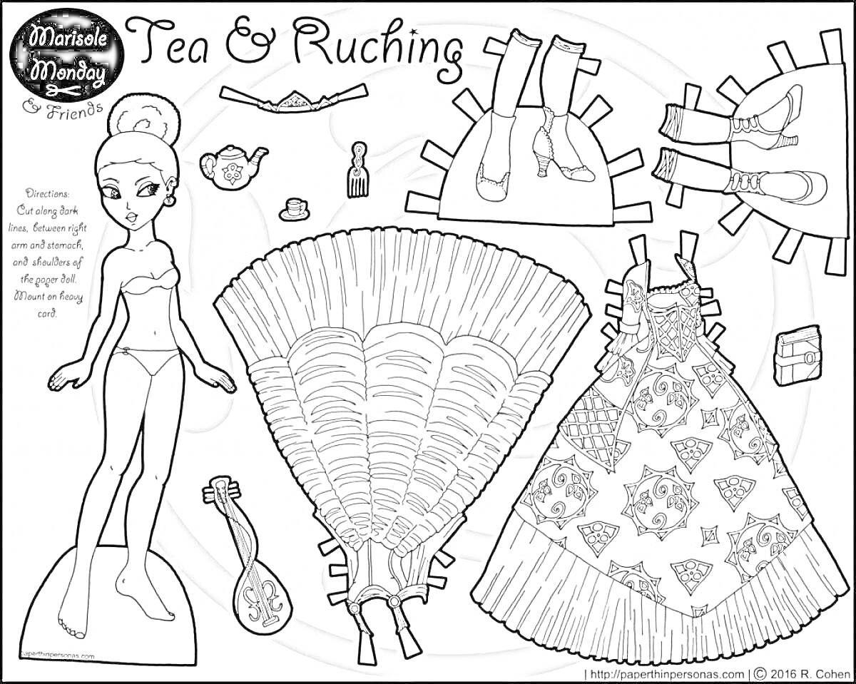 Раскраска Маника, два платья, туфли, причёска, аксессуары (вентилятор, бутылочка духов, лакированные туфельки, револьвер, перчатки)