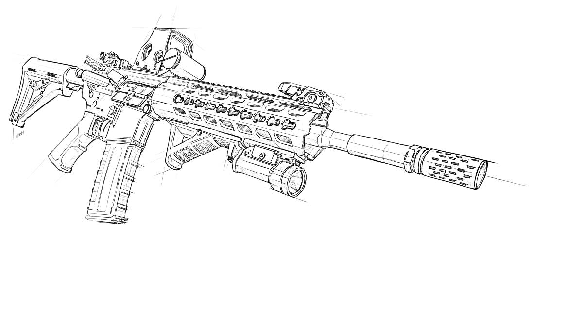 Винтовка с оптическим прицелом, складным прикладом, тактическим фонарем и дульным тормозом