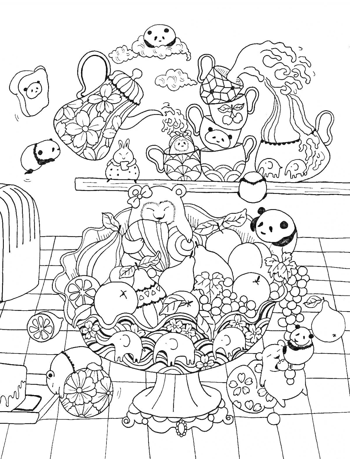 На раскраске изображено: Панды, Фрукты, Ваза, Чайники, Тост, Волшебная кухня, Мультяшные животные, Лулу Майо
