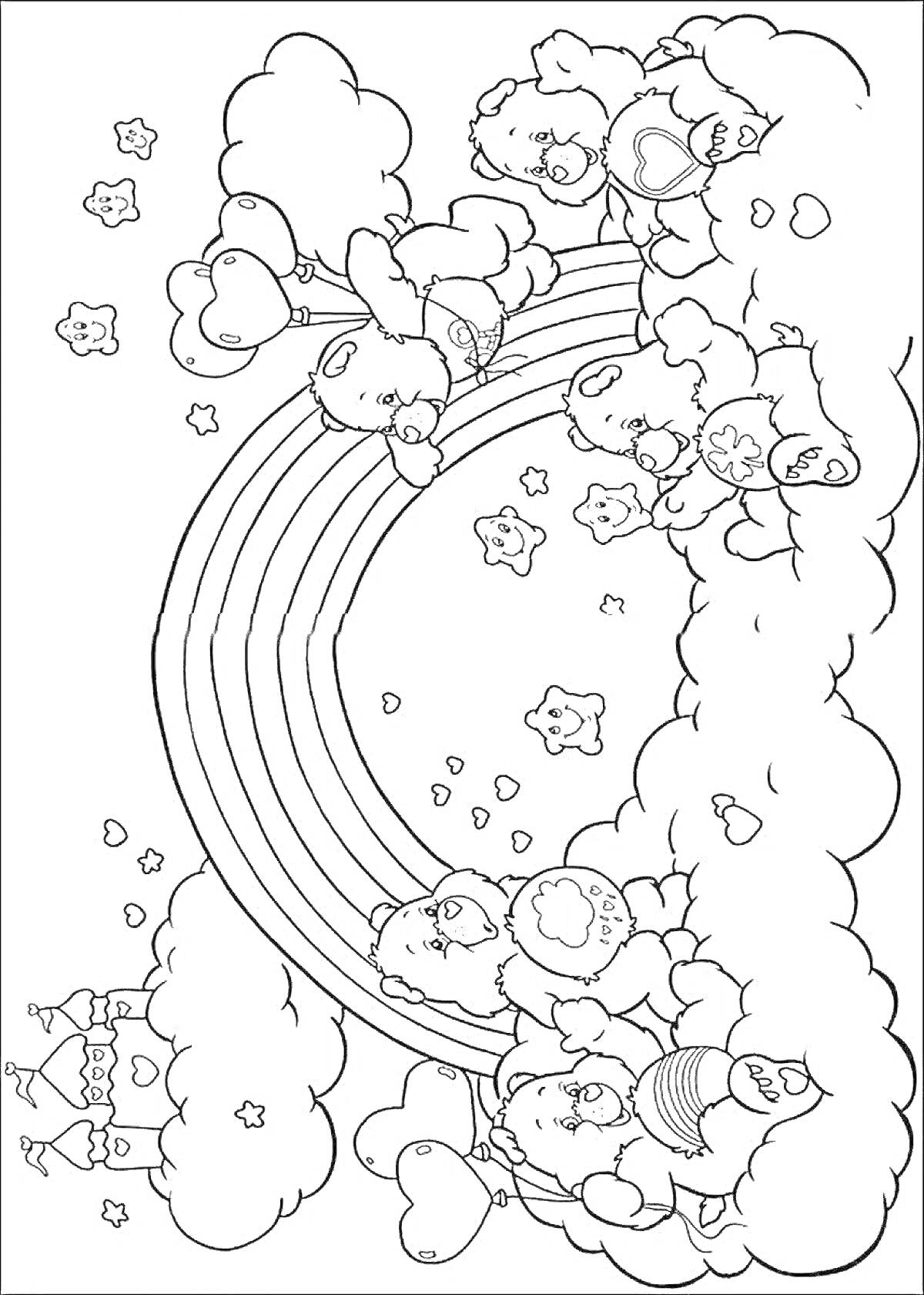 Раскраска Медведи на облаках с радужным мостом и летящими звездами