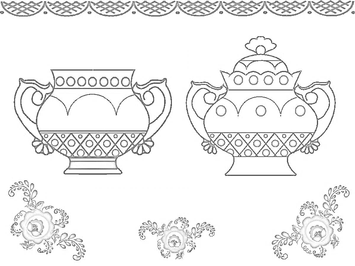 Раскраска Два чайника в стиле гжель, цветочный орнамент внизу, декоративная кайма наверху