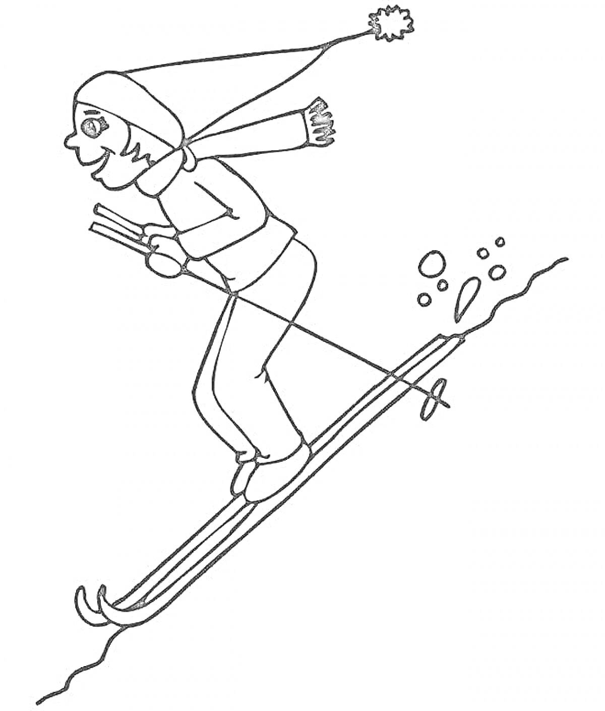 На раскраске изображено: Девочка, Лыжи, Зима, Снег, Шапка, Шарф, Куртка, Спуск, Лыжные палки