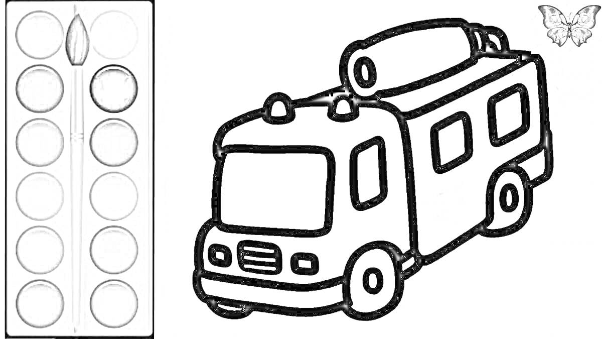 На раскраске изображено: Пожарная машина, Транспорт, Палитра, Краски, Бабочка, Творчество, Для детей