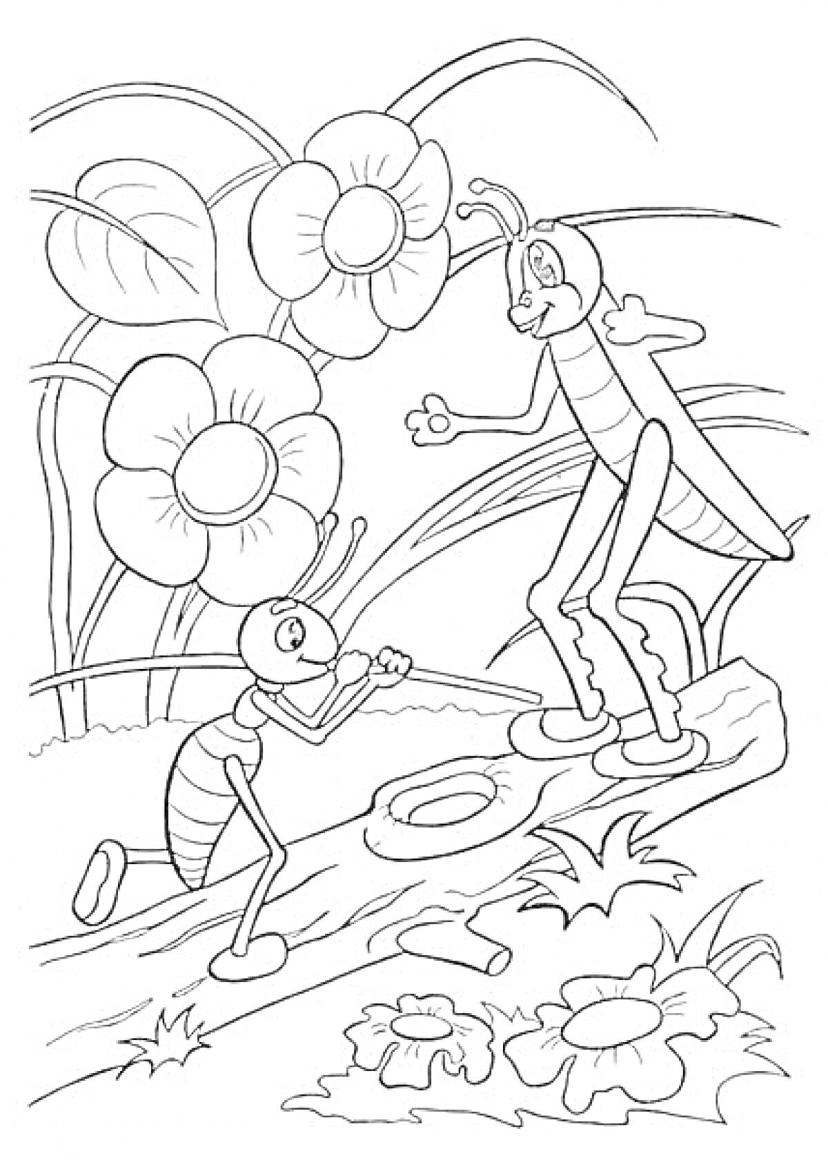 Раскраска Муравей и Кузнечик на фоне цветов и листьев