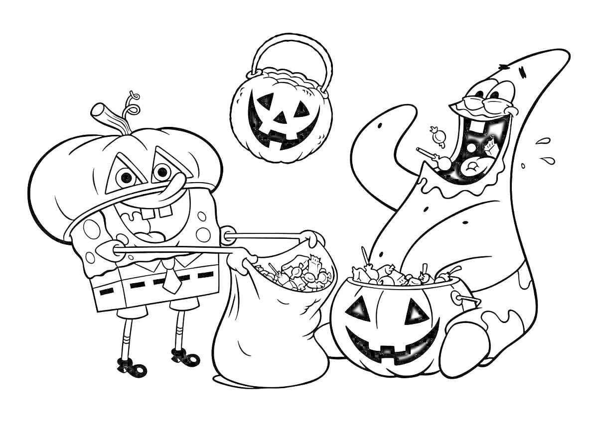Раскраска Спанч Боб и Патрик на Хэллоуин с тыквами для сбора конфет