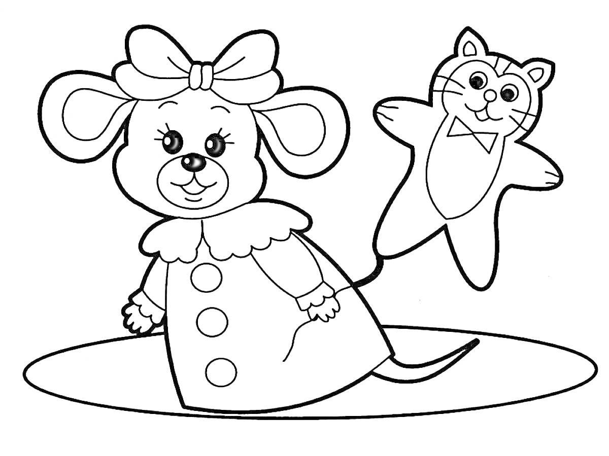 На раскраске изображено: Бант, Кукла, Кот, Поводок, Платье, Для детей, Игрушки, Контурные рисунки, Мышь