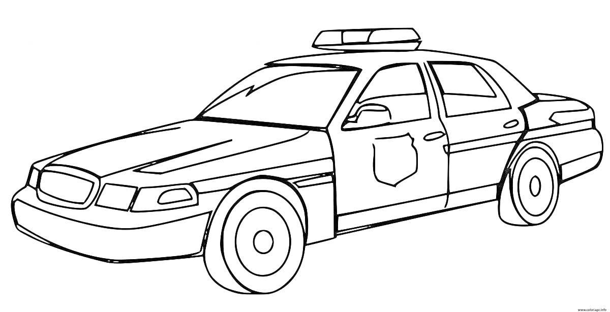На раскраске изображено: Полицейская машина, Транспорт, Мигалки, Эмблемы