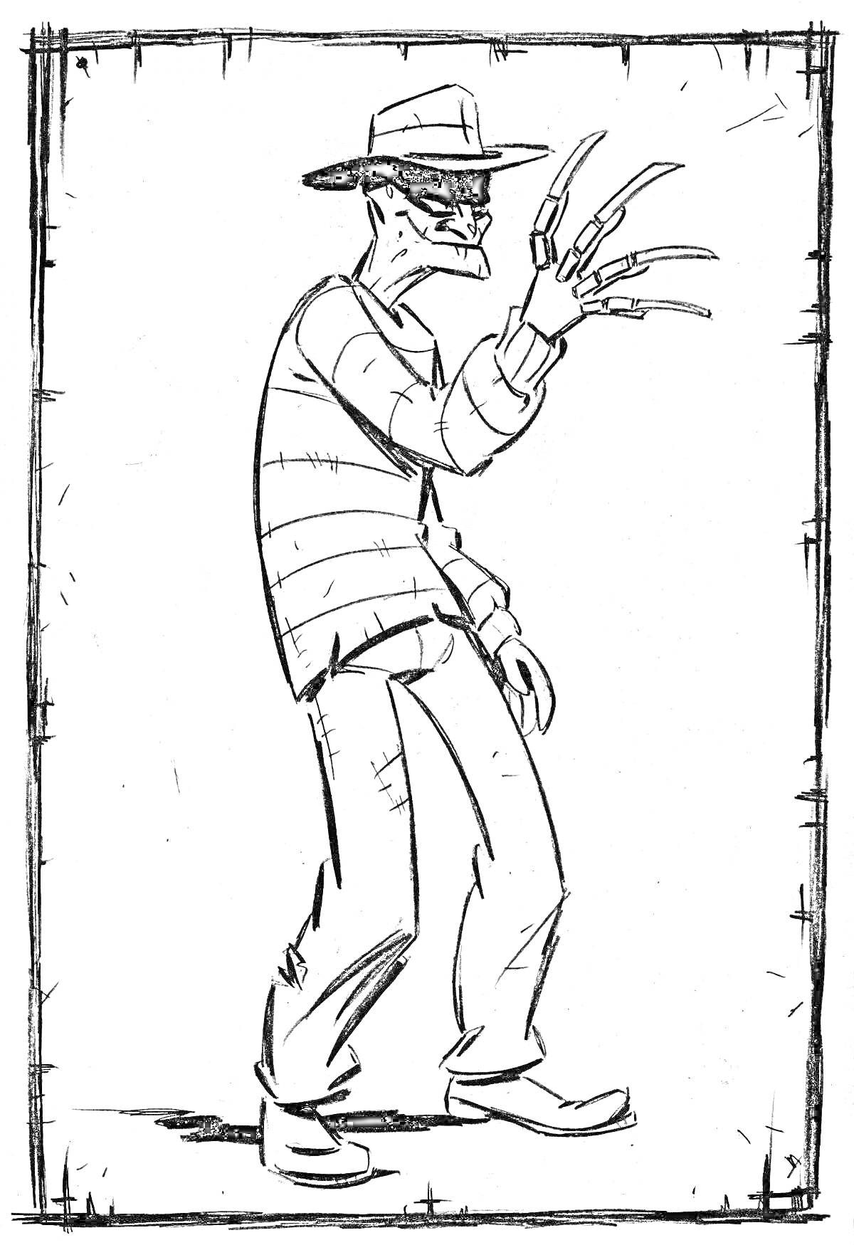Раскраска Фредди Крюгер в широкополой шляпе и полосатом свитере, с когтями на правой руке