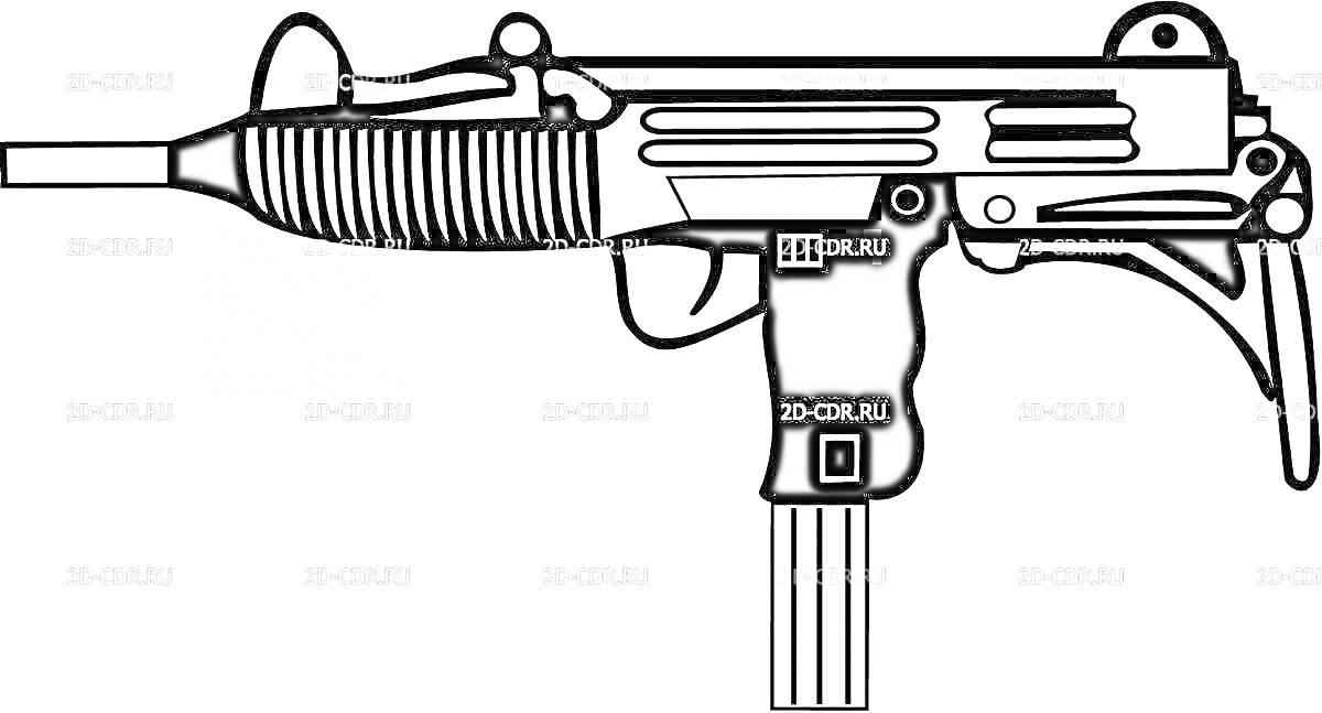 На раскраске изображено: Пистолет-пулемет, Узи, Оружие, Приклад, Корпус, Детали