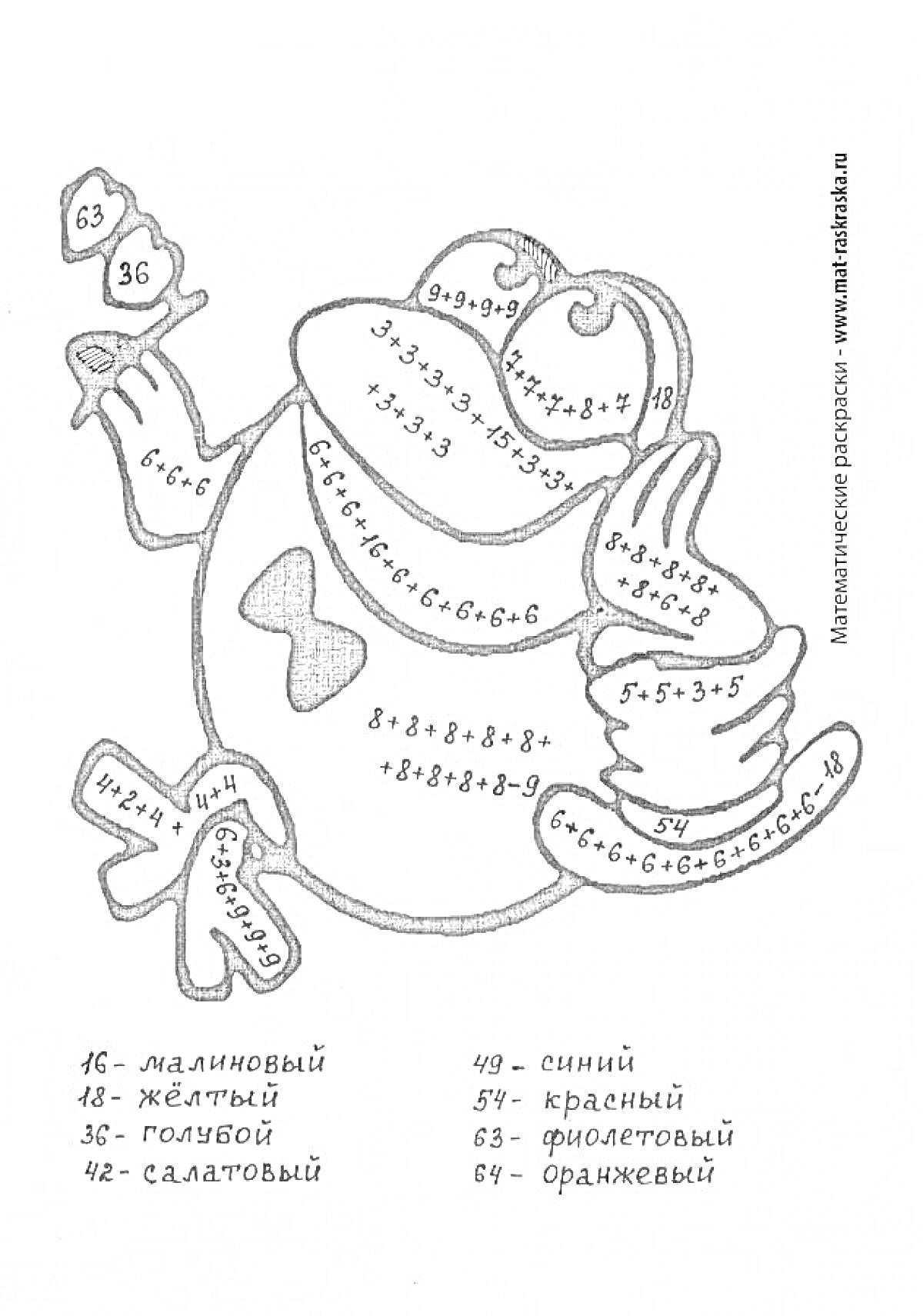 Раскраска Лягушка с числами и математическими выражениями