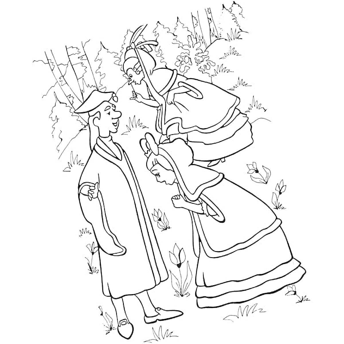 На раскраске изображено: Мужчина, Шляпа, Длинные платья, Деревья, Природа, Цветы