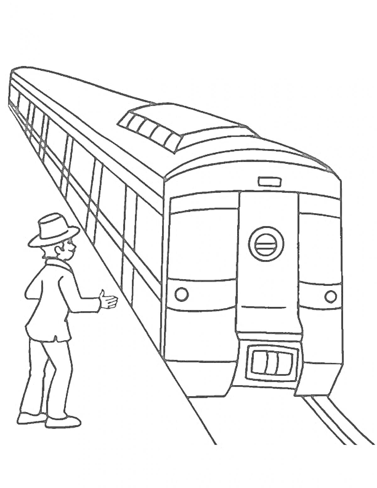 На раскраске изображено: Метро, Поезд, Человек, Шляпа, Железная дорога, Транспорт, Платформы