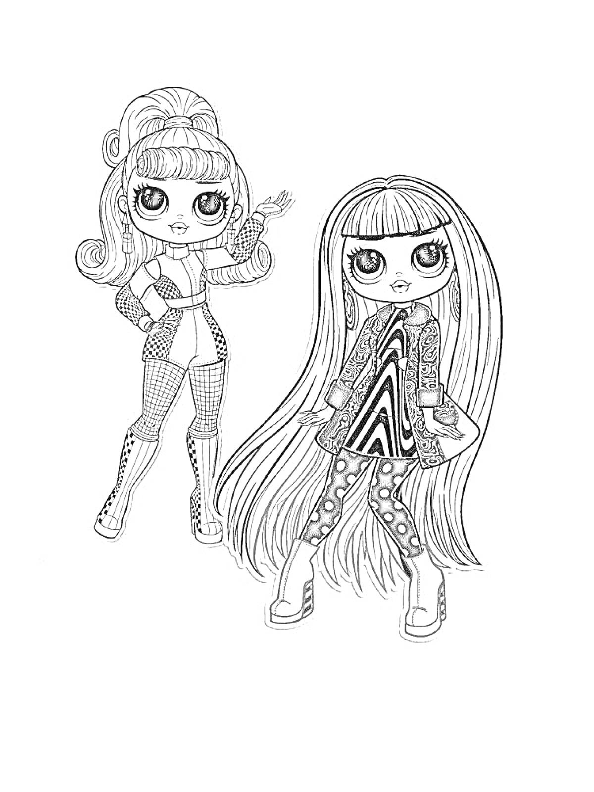 Раскраска две куколки ЛОЛ ОМГ с длинными волосами и модной одеждой