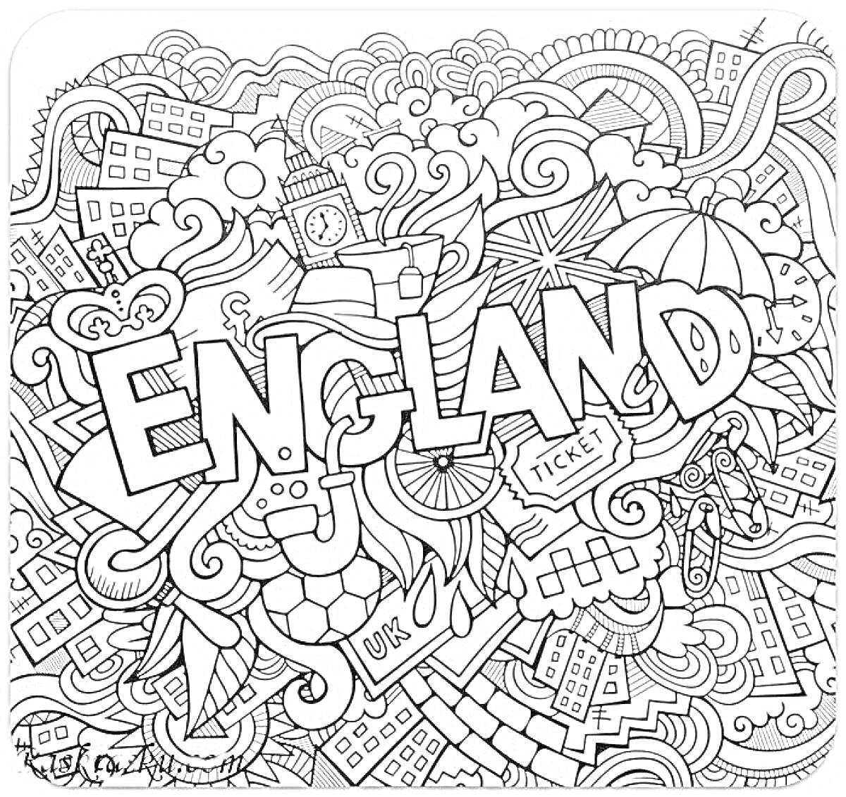 Раскраска Англия. Часы Биг-Бен, флаг, зонтик, билет, футбольный мяч, надпись ENG, улицы, здания, чайник, корона, облака