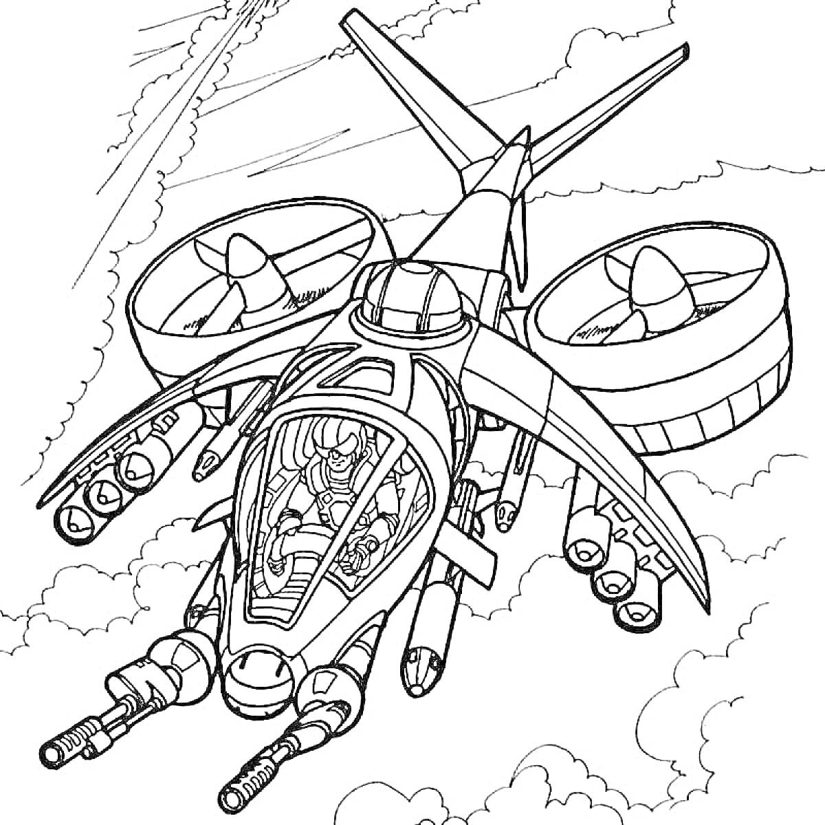 Раскраска Военный вертолет с оружием и пропеллерами в небе