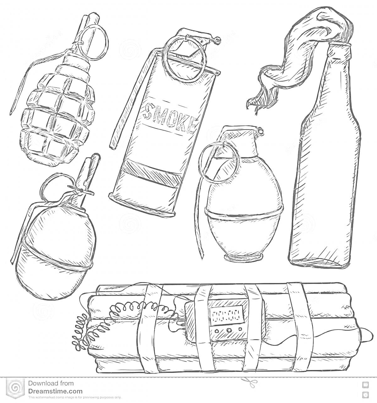 Раскраска Гранаты и взрывчатка: граната Ф-1 (лимонка), дымовая шашка, ручная граната, бутылка с зажигательной смесью (коктейль Молотова), динамит с детонатором
