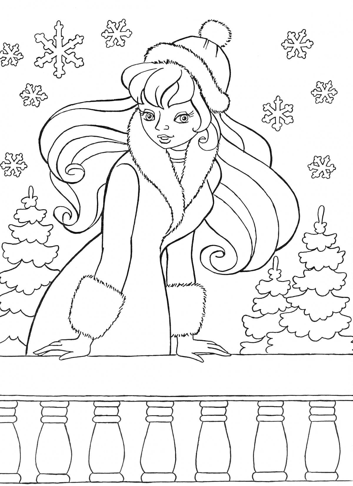 Раскраска Девочка у заснеженного балкона с елями и снежинками