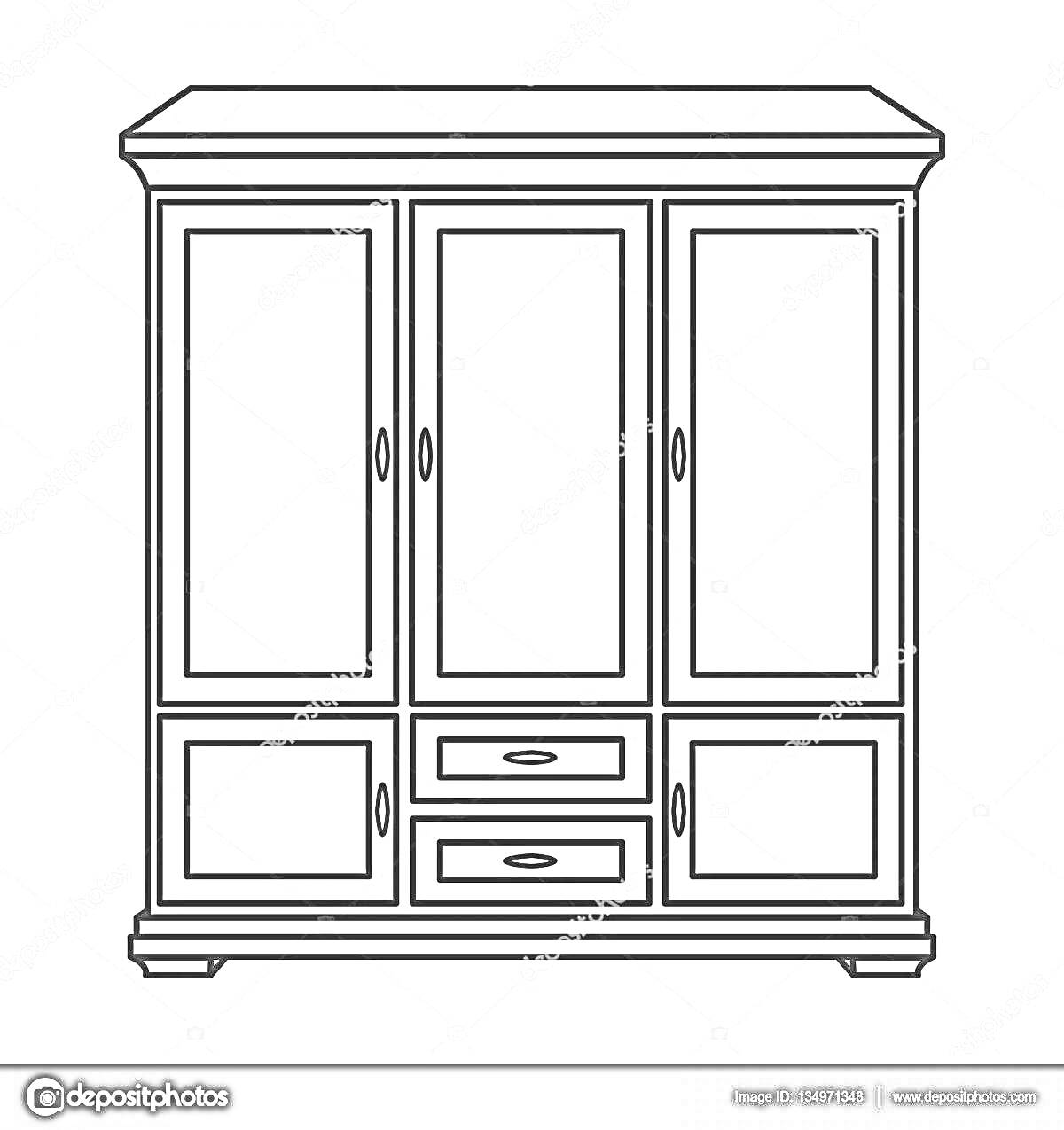 Раскраска Раскраска: трехстворчатый шкаф с пятью дверцами и двумя ящиками
