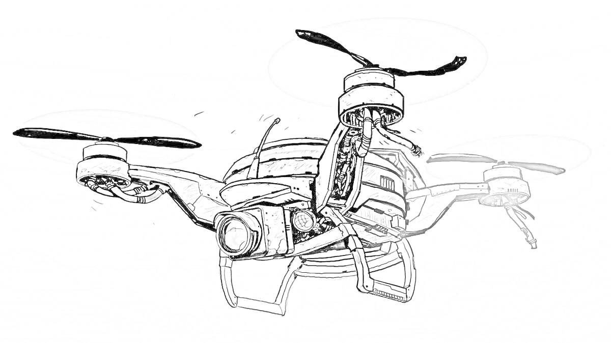 Раскраска Дрон с четырьмя пропеллерами, камерой и манипуляторами