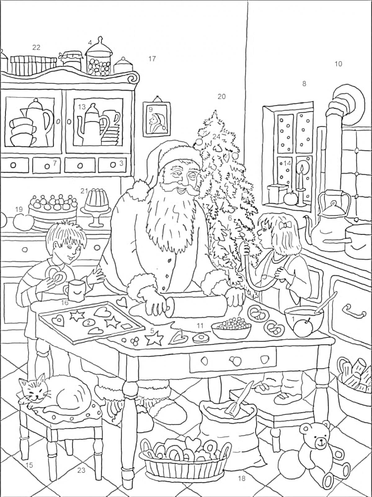 Раскраска Санта Клаус с детьми на кухне, выпечка печенья, елка, игрушки, ночник, кот, окно, шкаф с посудой