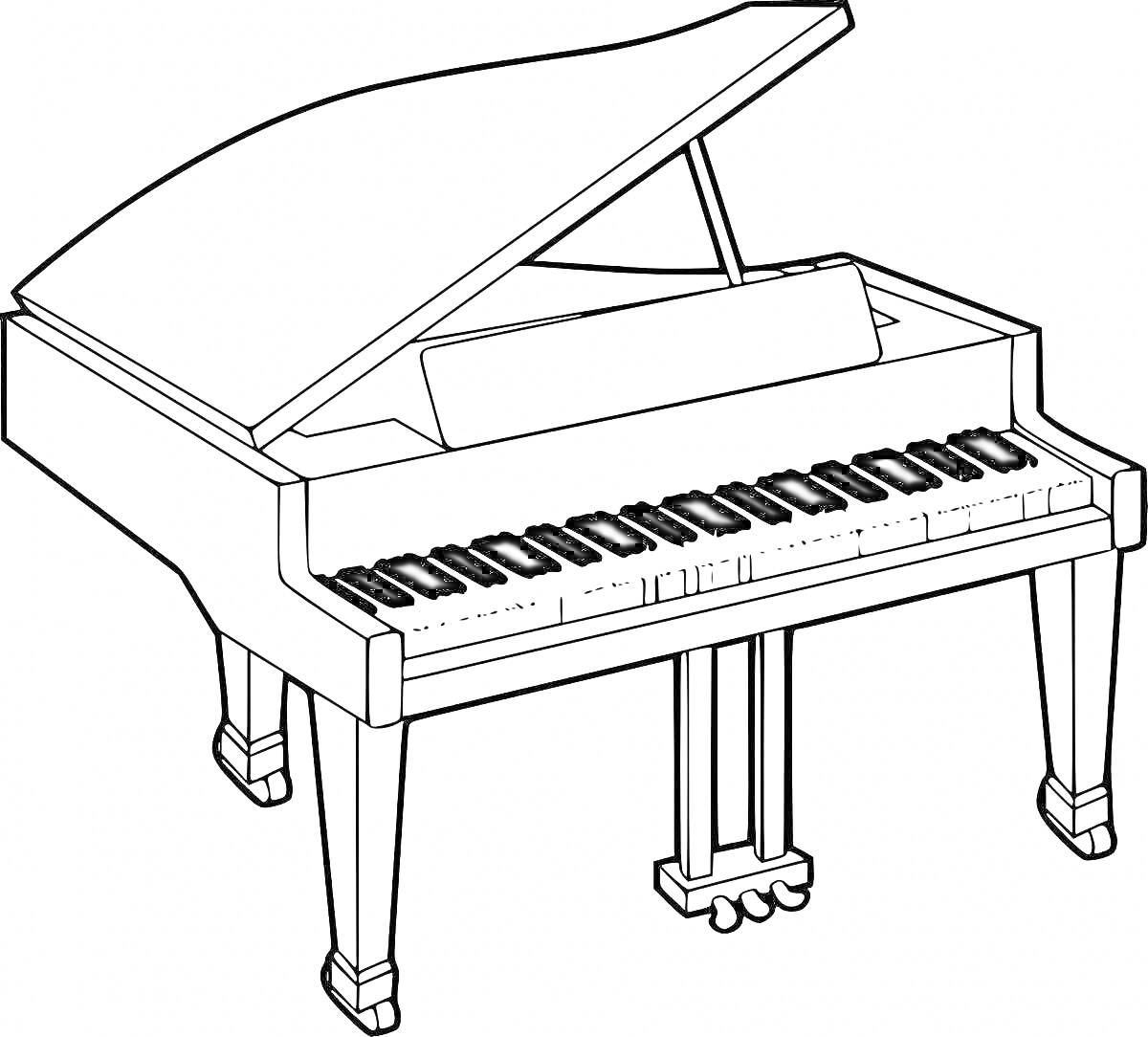На раскраске изображено: Рояль, Клавиши, Пианино, Открытая крышка, Ножки, Музыкальные инструменты
