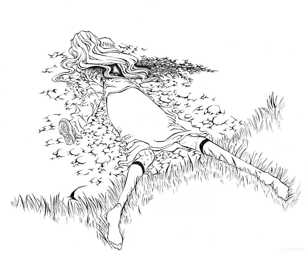 Раскраска Девушка с длинными волосами в платье, лежащая в траве, с пятном крови на земле