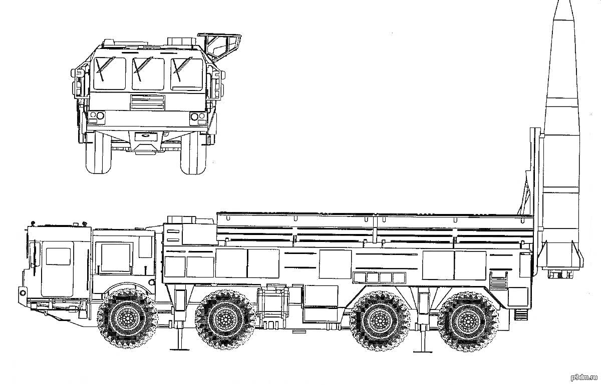 Ракетная установка на колёсном шасси с ракетой 