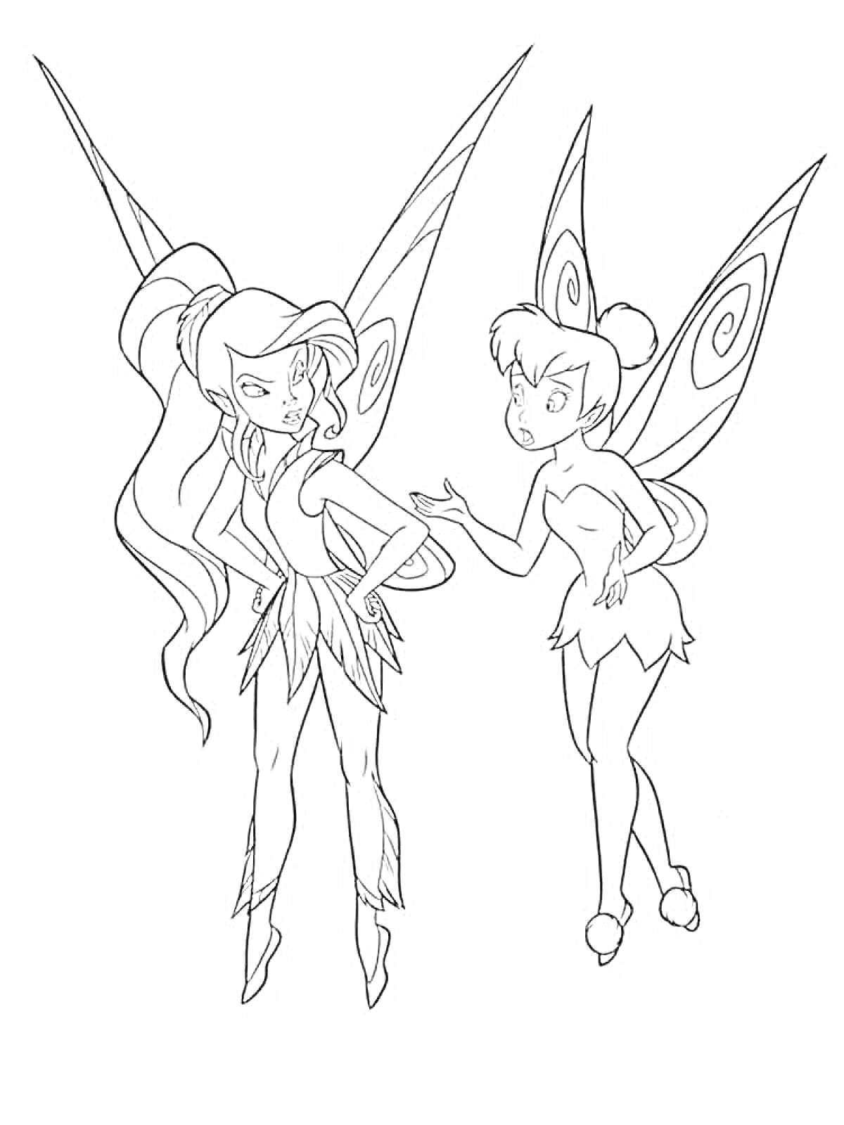 Раскраска Две феи Динь-Динь с крыльями, одна с длинными волосами и другая с короткими, в споре