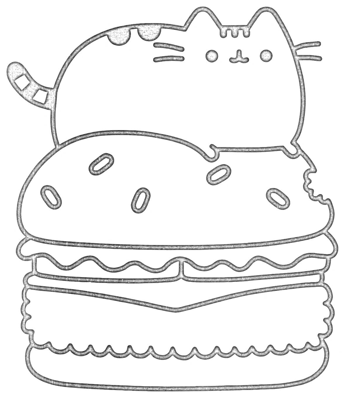 Раскраска Пушин на гамбургере с укусом