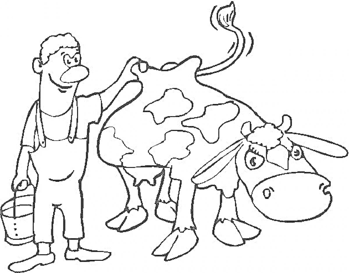 На раскраске изображено: Ферма, Фермер, Корова, Животные, Ведёрко, Из мультфильмов