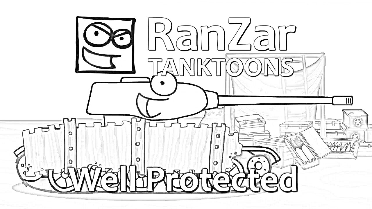 На раскраске изображено: Защита, Мультяшный танк, Ranzar, Палатка, Юмор