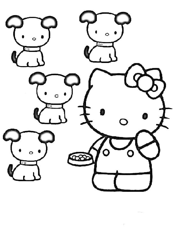 Раскраска Китти с миской еды и четырьмя щенками