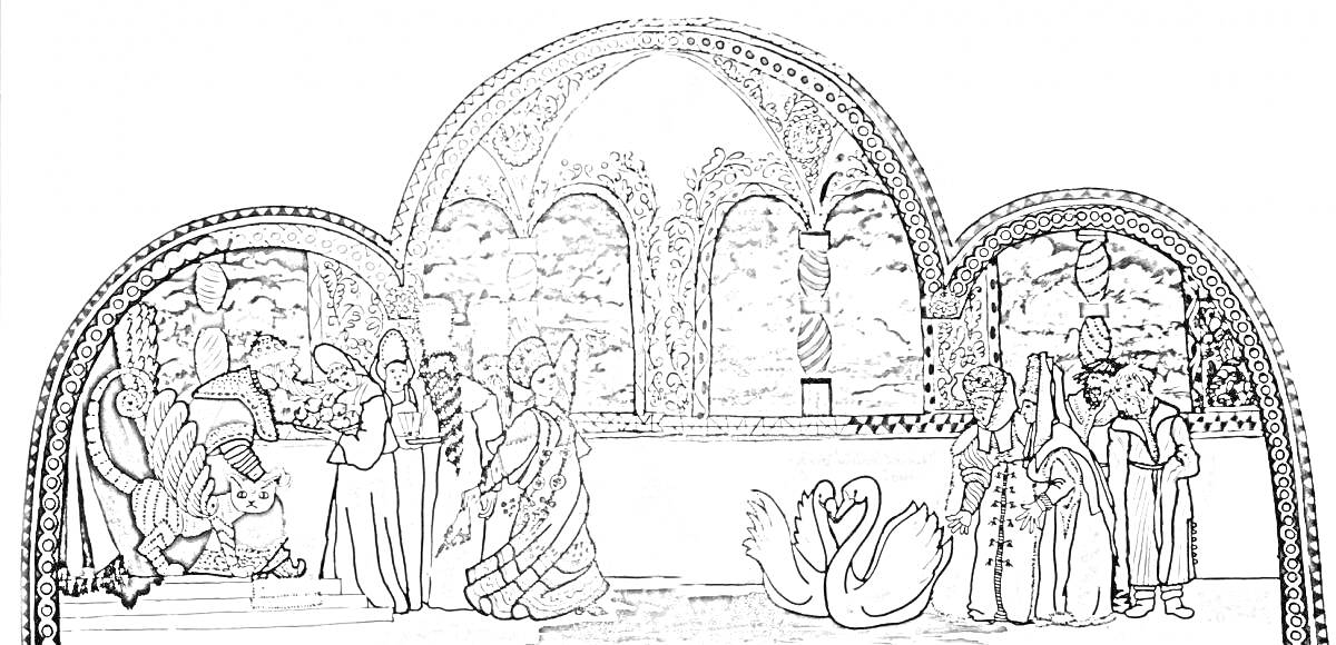 На раскраске изображено: Пир, Теремные палаты, Чаши, Свитки, Историческая сцена