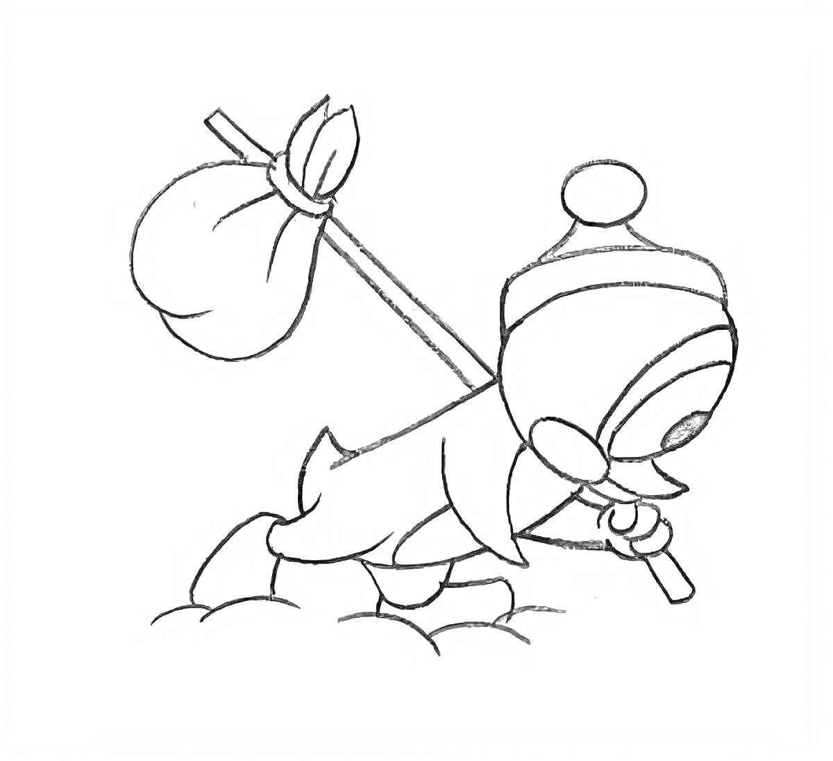 Раскраска Персонаж в шапке с помпоном, несущий узелок на палке по снегу