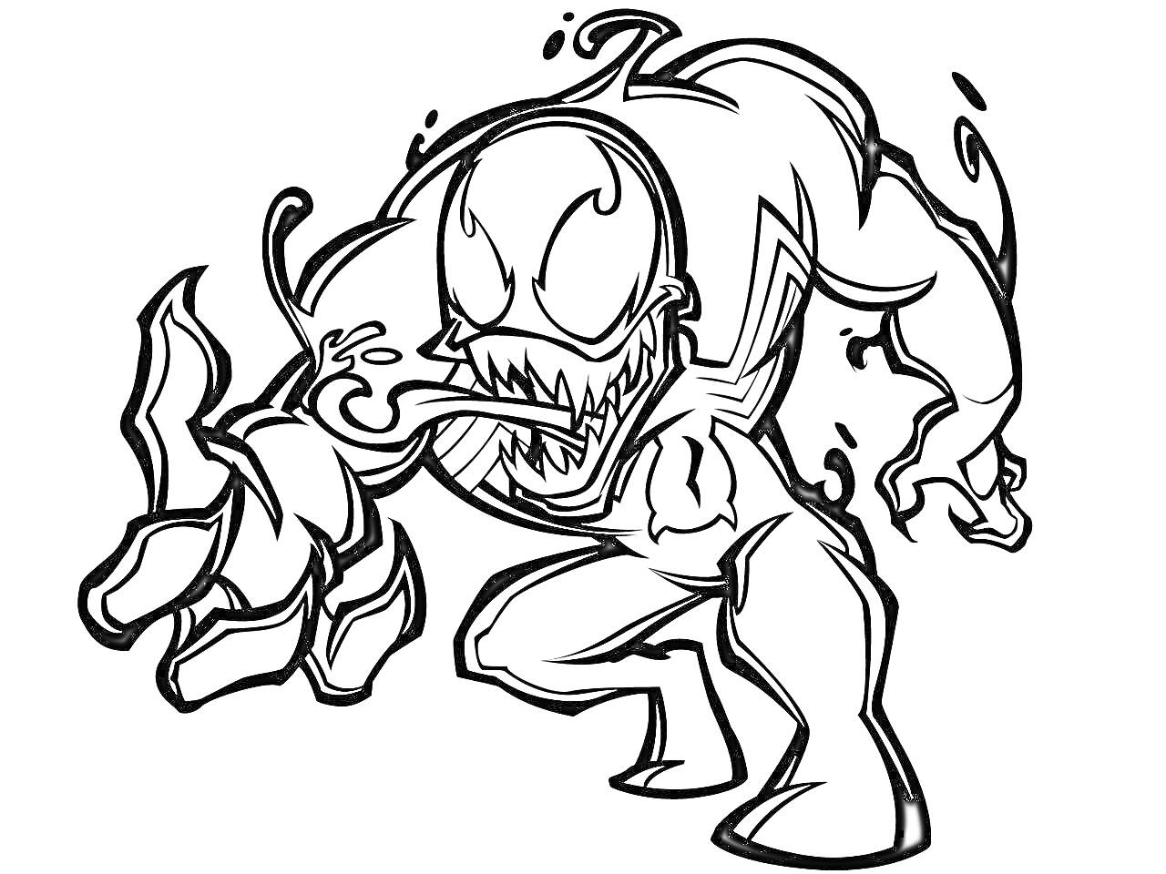 Раскраска Мультяшный Веном с высунутым языком и оскаленными зубами, в позе нападения