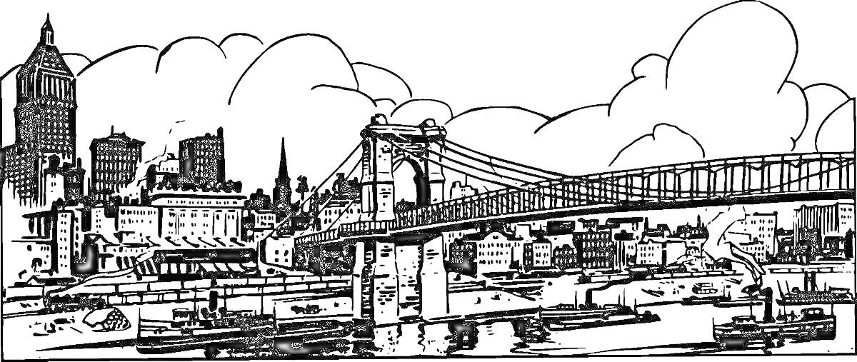 На раскраске изображено: Городской пейзаж, Мост, Облака, Река, Архитектура, Вечер, Ночь, Лодка, Высокие здания