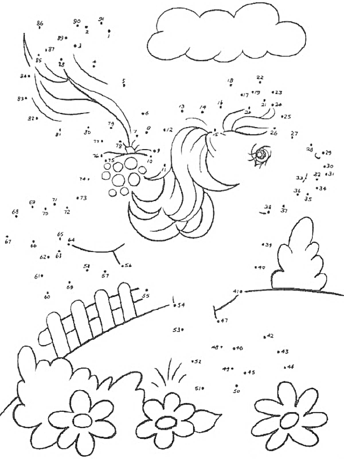 На раскраске изображено: По точкам, Лошадь, Грива, Забор, Цветы, Облака, Кусты